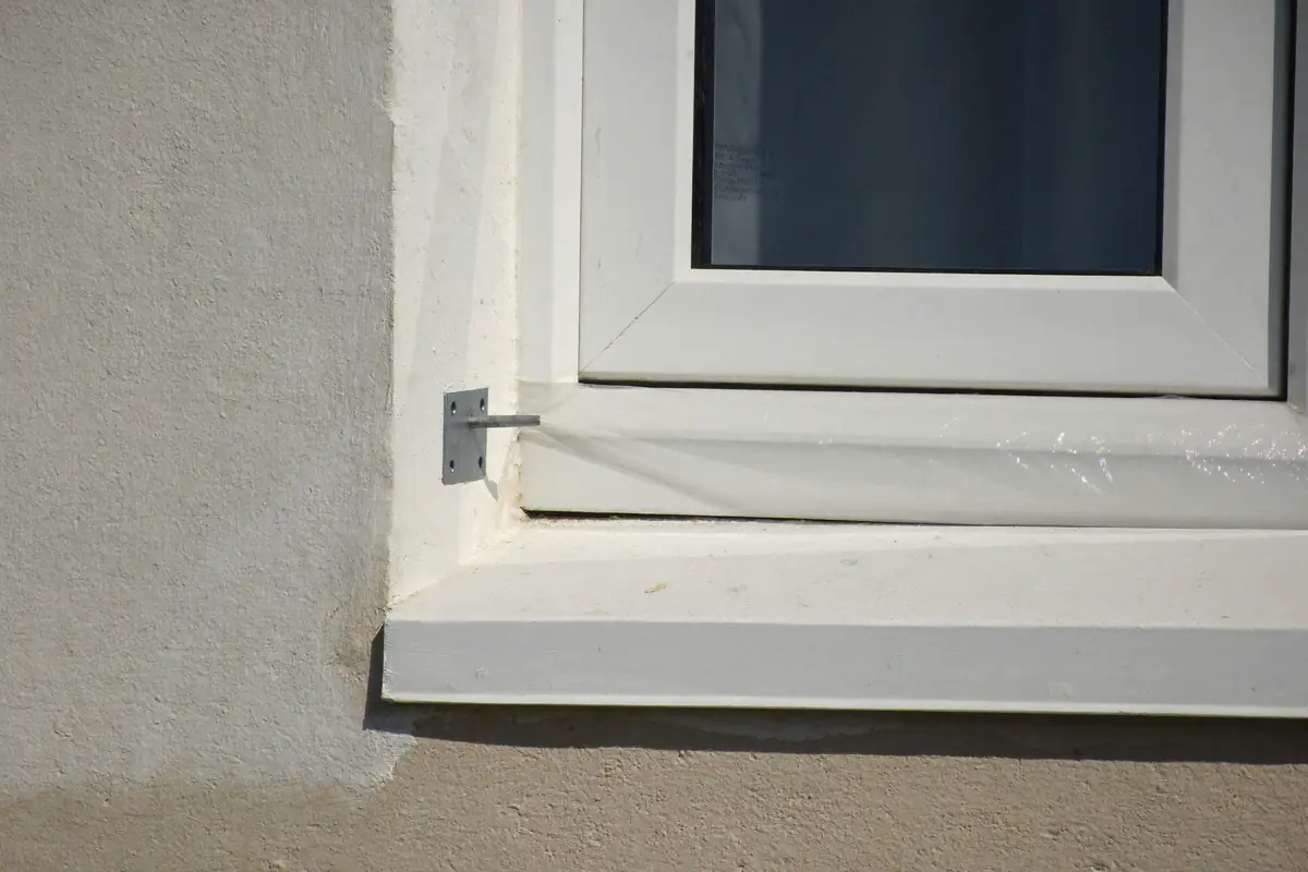 Gestucte dagkant naast een nieuw wit kozijn met een strakke buitenhoek
