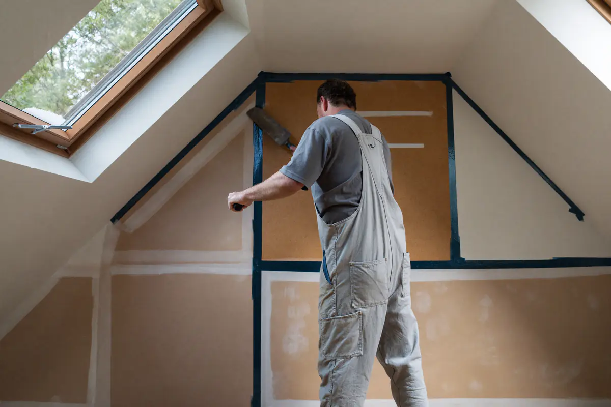 Stukadoor werkt de naden van gipsplaten af in een zolderkamer met een dakraam