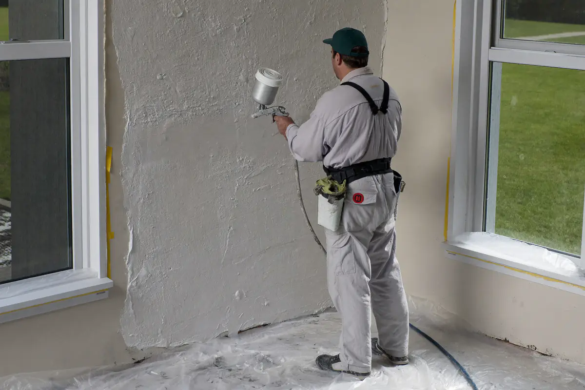 Stukadoor spuit spackspuitwerk op een wand, de vloer en ramen zijn afgedekt met folie